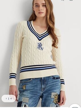Lauren Ralph Lauren Logo Cricket Sweater Classic Polo V Neck Hamptons size Small